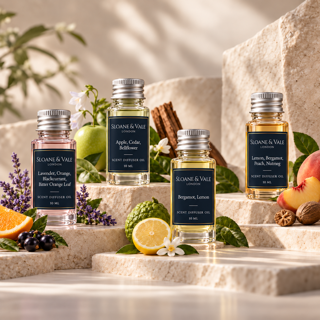 Four Sloane & Vale scent diffuser oil bottles in clear glass with silver caps and navy labels, arranged on travertine stone steps among lavender, orange, blackcurrant, apple, cedar, lemon, bergamot, peach and nutmeg in warm light